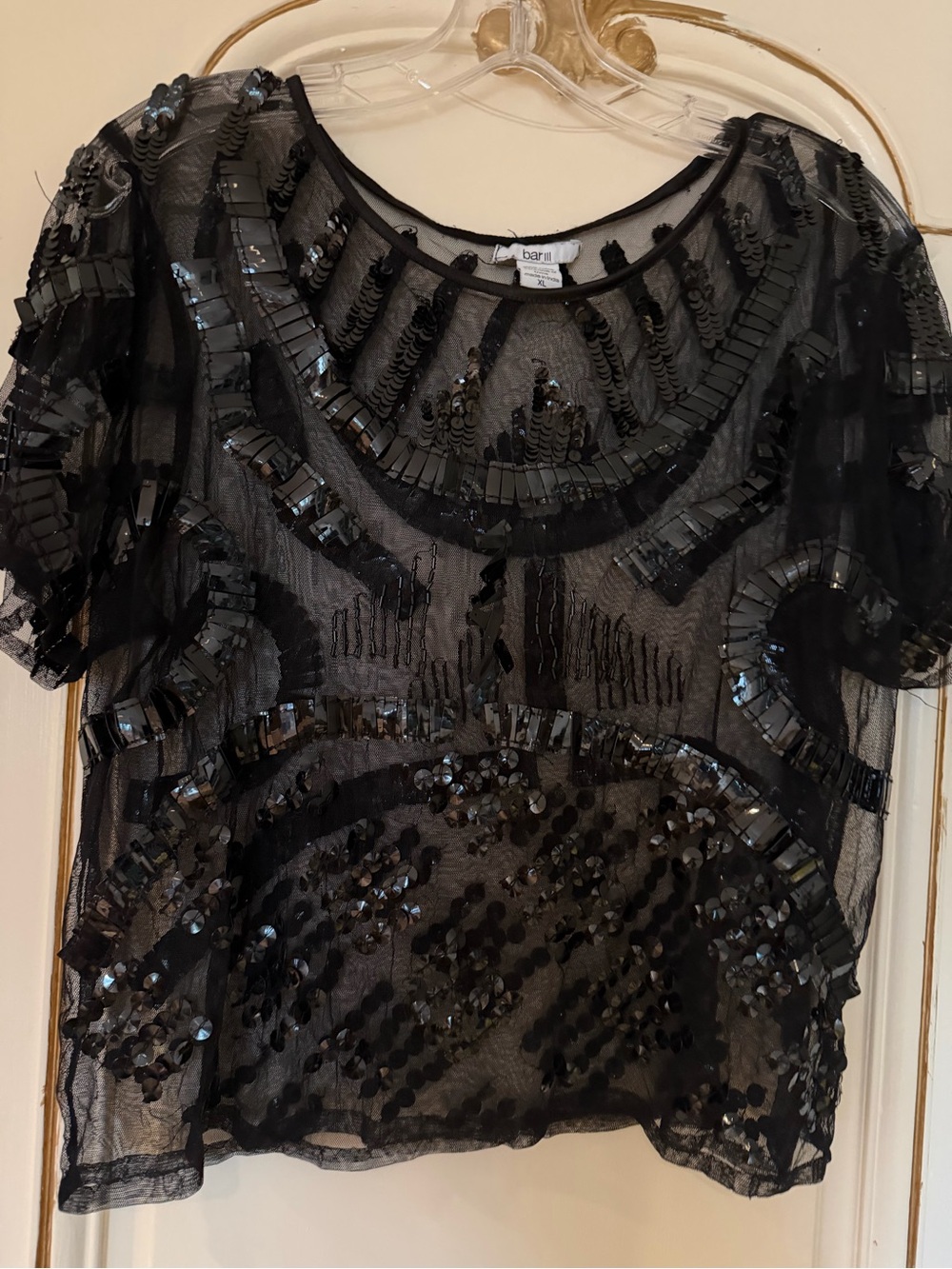 Bar III Black Sequin Mesh Short Sleeve Top